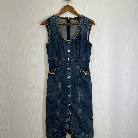 WHBM - Denim Silver Hardware Sleeveless Pocket Zip Up Midi Sheath Dress Size 4 - Picture 9 of 13